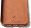 Close-up of the inside of a brown leather phone case, showing embossed branding and cutouts for ports. Voir les images du produit