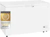 A white chest freezer is shown from the front-left angle, with a promotional award badge on the left side. Produktbild-Vorschau