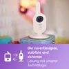 A Philips Avent baby monitor camera is shown on a decorative box, with a purple overlay at the bottom containing text and icons. Produktbild-Vorschau