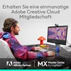 A man is sitting at a desk using a computer and a tablet, with a Logitech webcam and a colorful lamp on the desk. The screen displays a kaleidoscope-like image. The bottom of the image has partner logos and product branding. Produktbild-Vorschau
