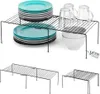 A collage of product images showing kitchen shelf organizers and stacks of plates, cups, and bowls. Podgląd zdjęcia produktu