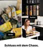 A split image showing a messy pantry on the left and an organized kitchen cabinet with storage jars on the right, with a woman interacting with the organized cabinet. Anteprima dell’immagine prodotto