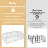 A split image comparing two types of pet playpens, one made of HDPE and the other of metal, highlighting their features and drawbacks. Produktbild-Vorschau