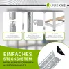 An instructional graphic showing the assembly steps for a shelving unit, with close-ups of the components and text descriptions. Náhled obrázku produktu