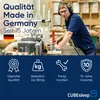 A man working in a workshop with machinery, with text overlays and icons promoting product quality and features. Produktbild-Vorschau