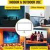 A collage of four images showing different uses of a projection screen, including home cinema, office meetings, education training, and outdoor camping. Voir les images du produit
