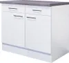 A white kitchen cabinet with a gray countertop and chrome handles. Náhled obrázku produktu