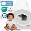 A baby sitting in front of a rolled-up mattress topper, with packaging and certifications visible. Produktbild-Vorschau