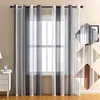 A set of striped sheer curtains hanging on a window rod, with smaller inset images showing different color variations of the curtains. Produktbild-Vorschau