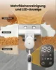A vacuum cleaner head is shown cleaning up spills and debris on a floor, with different cleaning modes highlighted. A digital display on the handle shows cleaning information. Produktbild-Vorschau