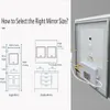 Diagrams illustrating how to select the right mirror size for a bathroom, alongside a view of the back of a lighted mirror. Anteprima dell’immagine prodotto