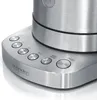 A close-up view of the base of a brushed stainless steel electric kettle, showing the control buttons and the brand logo. Produktbild-Vorschau