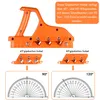 An orange hand tool for woodworking, with diagrams showing its use for creating 45° and 60° angles, and protractors illustrating 90° and 120° results. Produktbild-Vorschau