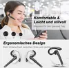 A woman is using a Bluetooth headset while looking at her phone, with text overlays describing the product's features. Produktbild-Vorschau