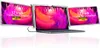 A laptop with two portable monitors attached to the sides, displaying colorful abstract graphics. Produktbild-Vorschau