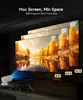 A projector is shown projecting a large image onto a screen in a dark room, demonstrating its short-throw capability. Produktbild-Vorschau