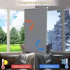 A split image showing a roller blind in a room with a sunny outdoor scene on one side and a snowy outdoor scene on the other, illustrating temperature regulation. Produktbild-Vorschau