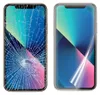 A split image showing a cracked phone screen on the left and a phone with a screen protector on the right. Produktbild-Vorschau