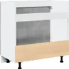 A white kitchen cabinet base unit with a concrete-effect back panel and a light wood-effect kickboard, shown with black adjustable legs. Náhľad obrázku produktu