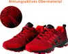 A pair of red and black athletic shoes with a close-up inset showing the texture of the upper material. Produktbild-Vorschau