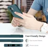 A person is holding a teal phone case, with close-ups of the case's features shown below. Produktbild-Vorschau