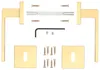 A flat lay of door hardware components, including handles, escutcheons, screws, and an Allen wrench, arranged on a white background. Produktbild-Vorschau