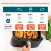 A close-up of an air fryer with food inside, accompanied by a graphic comparing cooking times with an oven. Produktbild-Vorschau