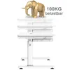 A white adjustable desk with a polygonal elephant illustration on top, indicating weight capacity. Produktbild-Vorschau