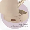 A close-up of a beige baby carrier's hip belt and shoulder straps, with text highlighting its features. Náhled obrázku produktu