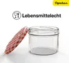 A clear glass jar with a red and white checkered lid is shown next to the jar opening. Text and a logo are present in the upper portion of the image. Produktbild-Vorschau
