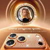 A close-up marketing image of a phone's camera lens area, decorated with rhinestones, and a circular frame with a woman's portrait. Produktbild-Vorschau