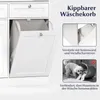 A white laundry cabinet with a tilted open door revealing a laundry bag, with inset images showing construction details and a dog interacting with laundry. Anteprima dell’immagine prodotto