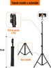 A ring light with a smartphone mount on a tripod, with close-up insets showing adjustment mechanisms and the tripod base. Produktbild-Vorschau