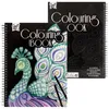 Two coloring books with detailed peacock feather designs are shown, one in the foreground with colored pencils, and another slightly behind it. Produktbild-Vorschau