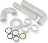 A collection of white plastic plumbing parts, including pipes, elbows, and seals, arranged on a white background. Produktbild-Vorschau