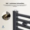 Close-up of a dark gray heated towel rail with text and a small inset image showing a welding process. Voir les images du produit