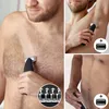 A collage of images showing a man using a body groomer on different parts of his body, including his chest, armpit, and groin area. Close-up views of the grooming attachments are also shown. Podgląd zdjęcia produktu