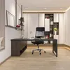 A modern home office setup with a desk, chair, and shelving. Produktbild-Vorschau