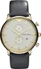 A close-up studio shot of an Emporio Armani chronograph watch with a white face, gold accents, and a black leather strap. Produktbild-Vorschau