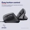 Two ergonomic vertical mice are shown against a light purple background, with text describing their features. Produktbild-Vorschau