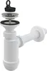 A disassembled view of a white plastic sink siphon with a black rubber stopper and a silver metal strainer. Produktbild-Vorschau
