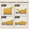 A four-step visual guide showing how to convert a yellow sofa into a bed. Podgląd zdjęcia produktu