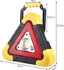 A product shot of a warning triangle with integrated LED flashlight and power bank features, with dimensions indicated. Voir les images du produit
