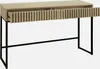 A modern console table with ribbed wood-effect drawers and black metal legs, shown against a plain light gray background. Anteprima dell’immagine prodotto