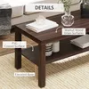 Close-up view of a dark brown, two-tiered coffee table with visible wood grain texture, placed on a beige rug. Produktbild-Vorschau