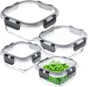 Four glass food storage containers with black locking lids are arranged in a staggered formation on a white background. One container in the foreground is filled with green peas. Produktbild-Vorschau