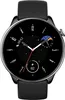 A close-up, front-facing view of a black smartwatch with a black strap and a black watch face displaying various information. Podgląd zdjęcia produktu