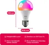 A smart LED light bulb with colored light displayed, shown with dimensions and feature callouts. Produktbild-Vorschau