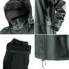 A collage of four close-up images showing details of a dark green rain jacket and pants. Produktbild-Vorschau