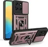A rose gold and black phone case with a ring holder and camera cover is shown against a white background. Produktbild-Vorschau